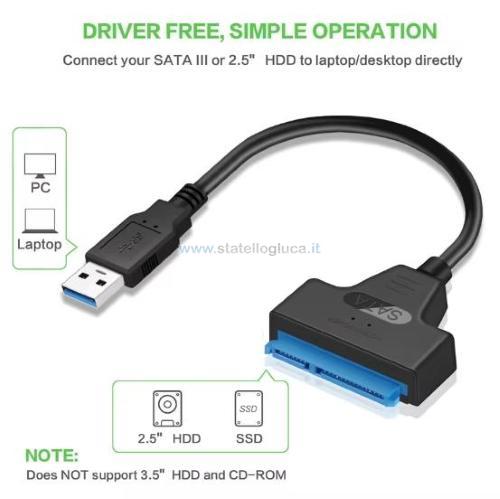 Adattatore SATA a USB 3.0 velocità 6Gb/s per SSD/HDD da 2,5" pin 22 cm 25
